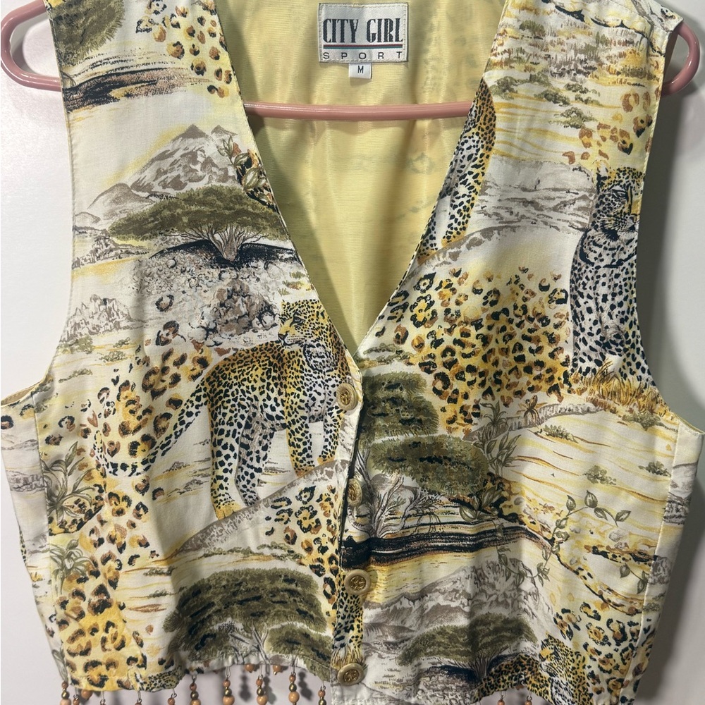 Vintage Retro City Girl Sport Leopard Print Safari Vest with Beading Sz M‎
